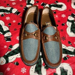Gucci Blue/Brown Denim and Leather Horsebit Loafers Size